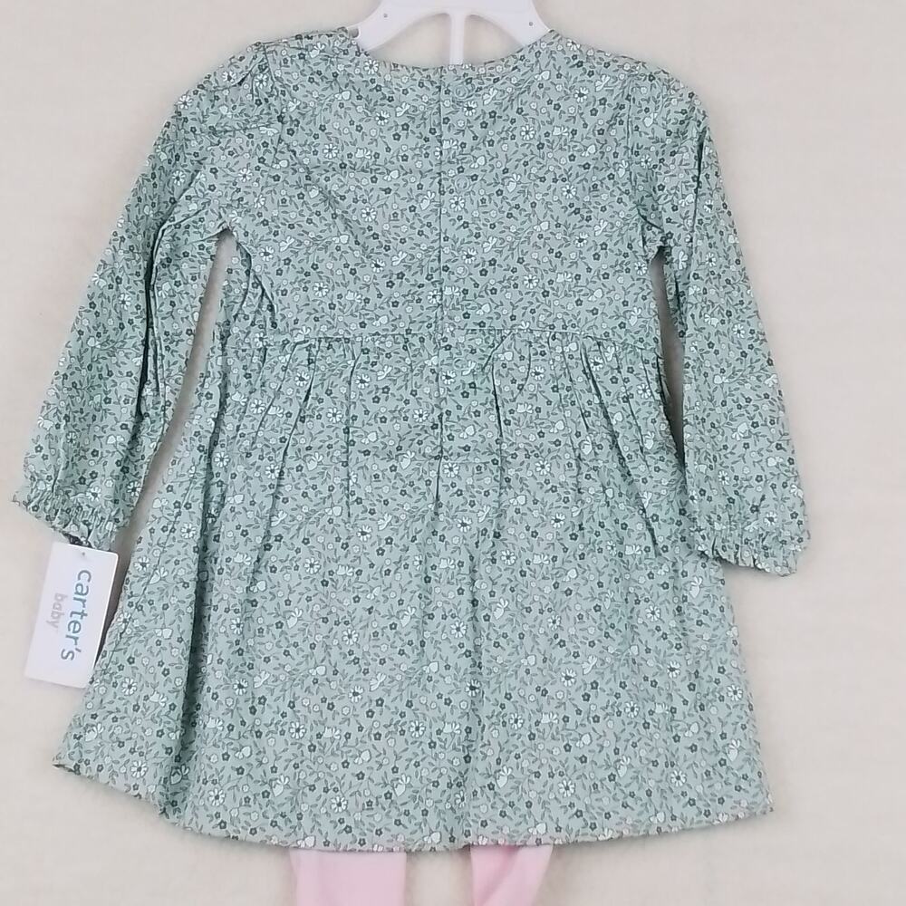 Carters Baby Set 24mo Green Pink Dress Leggings Layette Cotton Floral Print - Picture 8 of 15